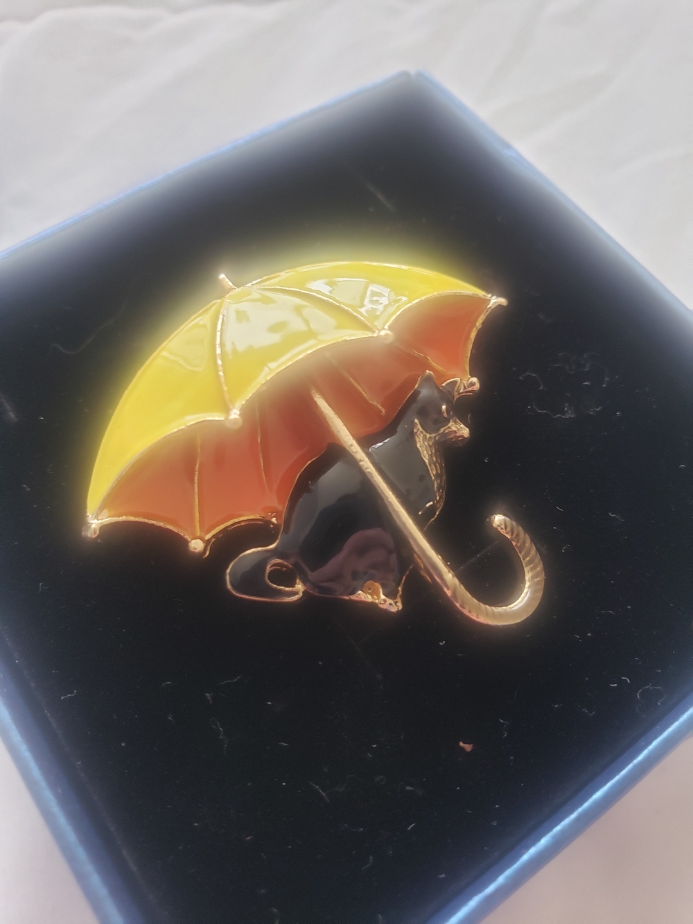 Cat Under Umbrella Enamel Pin - Yellow and Black
